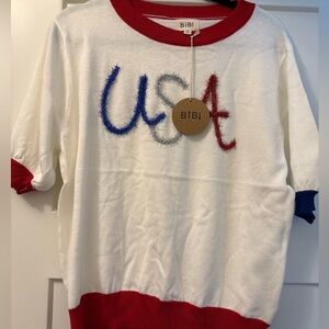BiBi White Sweater with Red and Blue Accents